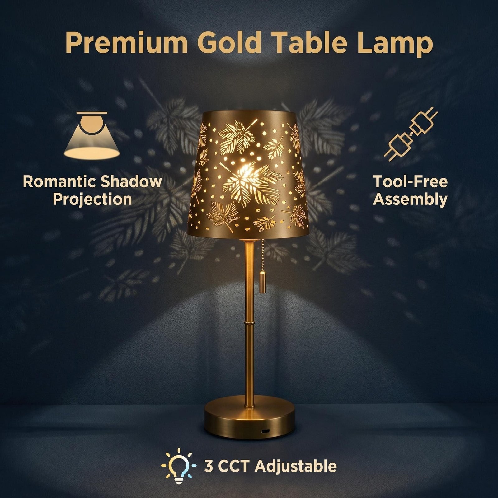 Gold Hollow Maple Leaf Iron Table Lamp — 3-Colour Dimmable Bedside Decorative Lamp — detail image 6