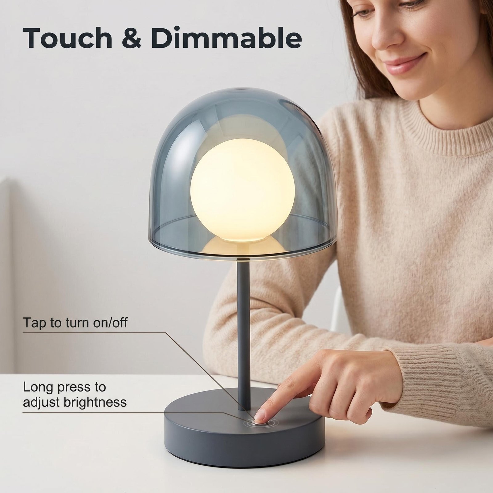 Glass Globe Rechargeable Table Lamp — USB Dimmable LED Night Light for Bedroom — detail image 3