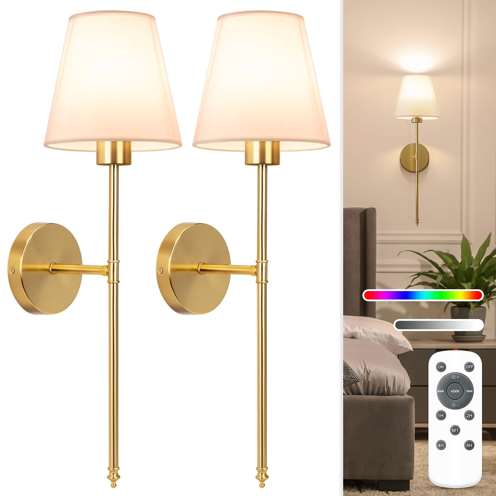 Wire-Free Dimmable Wall Sconce with Remote — Rechargeable Bedside Wall Light — product image 1